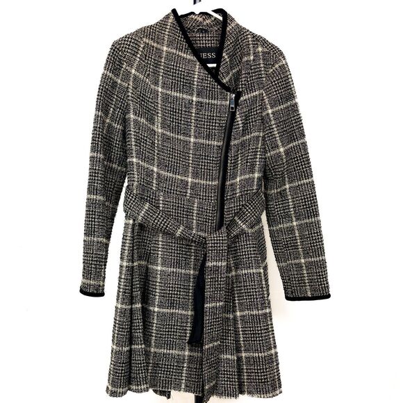 Guess Wool Blend Asymmetrical Mid Length Coat Sz M Plaid Vintage Black and White - Picture 1 of 5